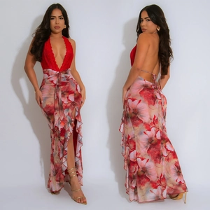 Sexy Rot Spitze Neckholder Tiefer V-Ausschnitt Rückenfrei Blumen Maxi Kleid Für Damen Sommer Urlaub Party Hoher Schlitz Rüschen Kleid