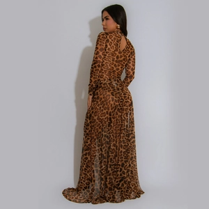 Abito sexy leopardato a maniche lunghe con schiena scoperta in tessuto velato