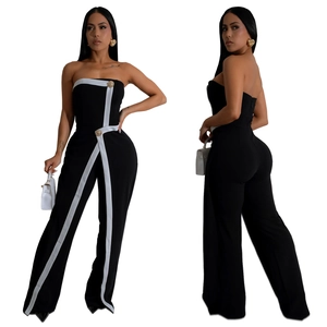 Front and back view of elegant strapless wide leg jumpsuit with white stripe detail