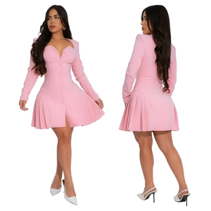 Detail of pink long-sleeved mini dress with deep V-neck and pleated hem, front and back view
