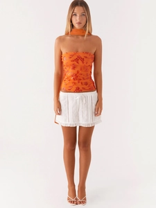 Summer orange sequin floral embroidery tube top with matching white eyelet mini skirt