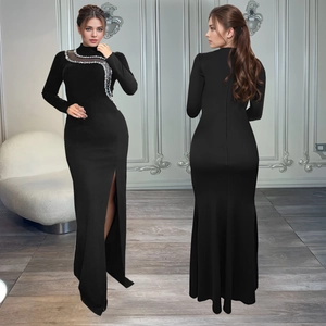 Robe Maxi Femme Sexy Slim Fit Fente Haute Chaîne en Strass Élégante Col Montant Soirée Bodycon Club Robe Longue