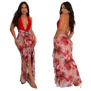 Sexy Damen Neckholder Kleid Set mit Blumenmuster Spitze Oberteil und hohem Beinschlitz