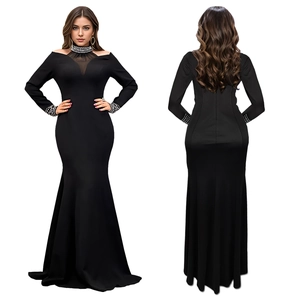 Detail of elegant black bodycon dress with rhinestone beads and sheer mesh neckline