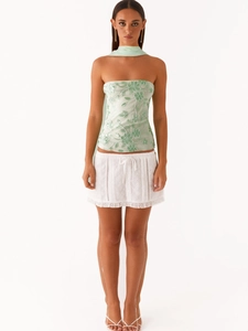 Chic mint green sequin floral embroidered tube top and white eyelet mini skirt set