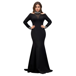 Detail of elegant black evening dress with beaded high neck and mermaid silhouette tail