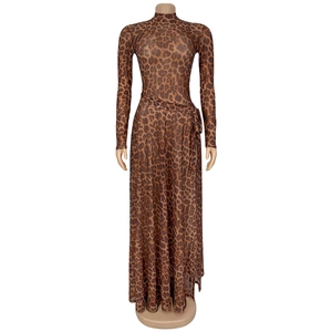 Dettaglio ravvicinato del vestito in mesh leopardato con laccio in vita e maniche lunghe