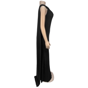 Detail view of a black sleeveless floor-length gown with elegant side drape on a mannequin