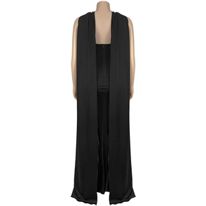 Rear view of a black slim-fit evening dress with elegant shoulder cape drapes and hidden zipper