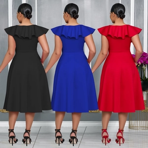 Elegant high-waisted ruffle cocktail dress in black, royal blue, and red colors