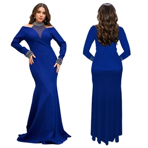 Front and back view of a slim fit navy evening gown with pearl and rhinestone neck details
