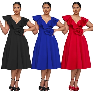 Elegant high-waisted V-neck dress with ruffle sleeves and 3D floral waist detail