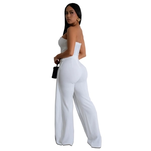 Front view of stylish white strapless jumpsuit with wide leg trousers and backless detail