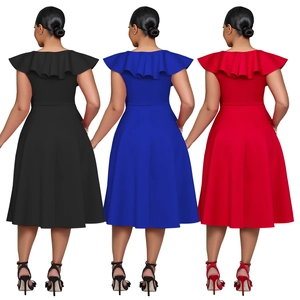 Detail of elegant high waist evening dress with ruffled V-back in red, blue, and black