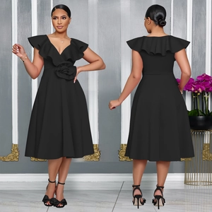 Elegant black sleeveless V-neck party dress with ruffled collar and 3D floral waist detail