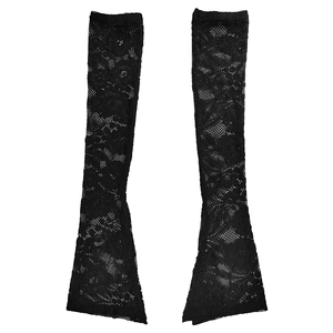 Détail de manches longues en dentelle florale noire avec poignets évasés et maille fine