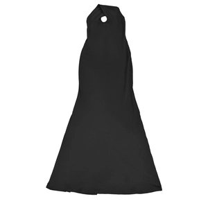Detail of elegant black halter neck maxi dress featuring crossover straps and keyhole cutout