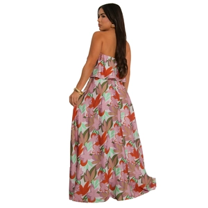 Detailed back view of sleeveless floral maxi dress with layered ruffles and front split