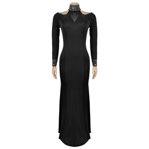 Detailed view of elegant black slim mermaid evening dress with silver rhinestone collar detail