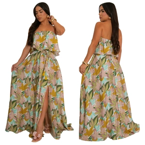 Floral print two-piece set with ruffled crop top and high-slit maxi skirt details