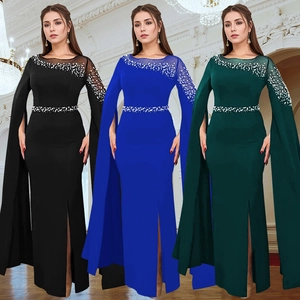 Women Elegant Cape Sleeve Evening Dress Rhinestone Beaded Mesh Splice Bodycon Maxi Gown Formal Wedding Party Banquet Dress