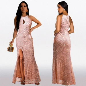 Women Halter Neck Sequin Maxi Dress Sexy Keyhole Cutout High Slit Sleeveless Elegant Party Evening Gown Rose Gold Champagne