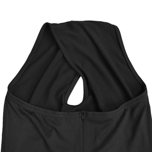Detail view of the back crossover collar design and invisible zipper on black dress