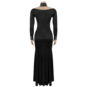 Back view of slim fit black maxi dress featuring rhinestone choker and silver stud cuffs