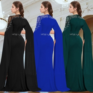 Elegant floor-length evening dress with pearl bead embellishments and cape sleeves