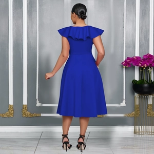 Detail of the elegant ruffled neckline on this royal blue high-waist evening dress