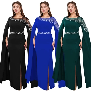 Elegant cape sleeve evening gown with sparkling sequins in black, blue and green colors
