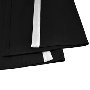 Detail of the high-quality stitching and white side stripes on black fabric hems