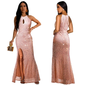 Pink sequin halter dress featuring a teardrop cutout and elegant side high slit detail