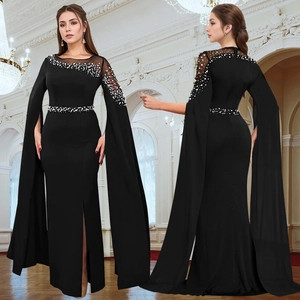Elegant black evening gown with rhinestone cape sleeves and front high slit detail