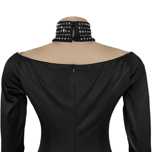 Close-up of elegant black dress back with rhinestone choker collar and hidden zipper