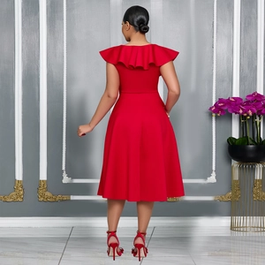 Elegant back view of a red A-line dress featuring high waist and ruffled collar detail
