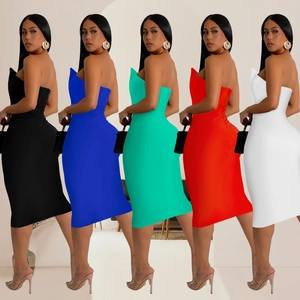 Women's strapless bodycon midi dress available in five vibrant colors for parties