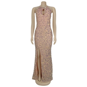 Detail view of pink halter sequin maxi dress featuring a keyhole cut-out and high side slit