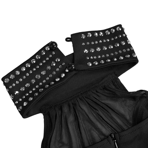 Detail of elegant black dress high neck featuring five rows of shiny rhinestones and mesh