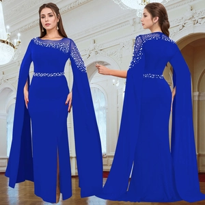 Elegant royal blue evening gown with sparkling sequins, cape sleeves and a high side slit
