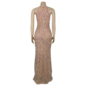 Detailed back view of sequin maxi dress featuring halter neck and invisible zipper