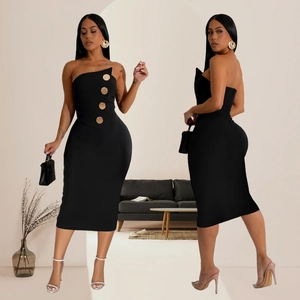 Elegant black strapless bodycon midi dress featuring gold buttons and slim fit silhouette