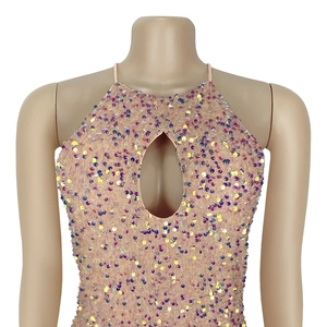 Detail of sequin halter top with teardrop cutout and shimmering multi-color textures