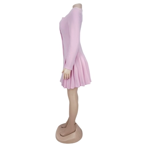 Detail view of the pink fitted dress featuring a pleated skirt and long sleeve design