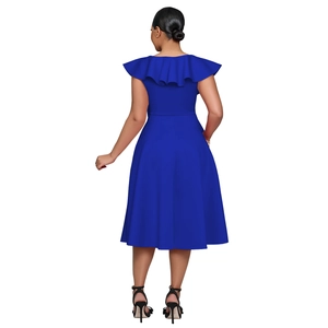 Elegant blue midi dress featuring high waist and decorative ruffled back cape collar