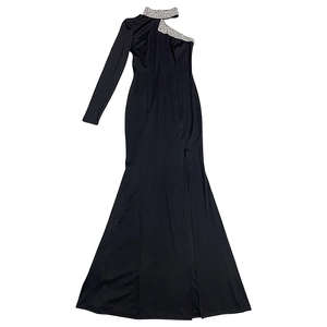 Detail of silver rhinestone trim on the shoulder and neckline of this black evening dress