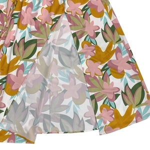 Detailed macro view of floral print dress fabric with a high side slit design