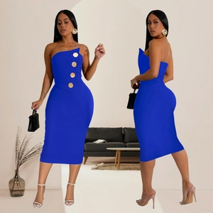 Elegant royal blue strapless midi dress featuring decorative gold buttons and a slim fit