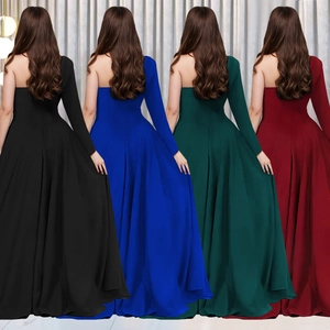 Elegant V-neck off-shoulder evening gowns shown in black, blue, green, and red