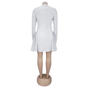 Back view of elegant white long sleeve dress with ruffled hem and pleated details
